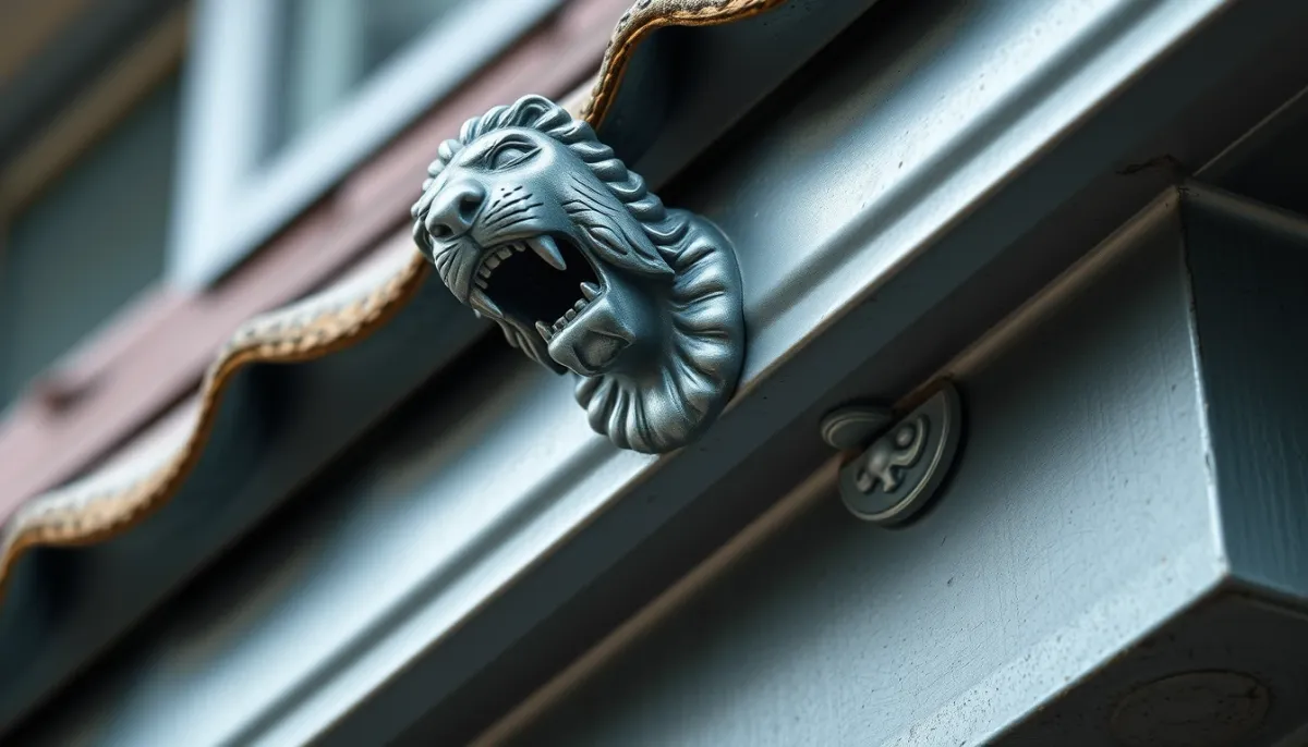 Détail d'une gouttière en zinc avec dauphin décoratif