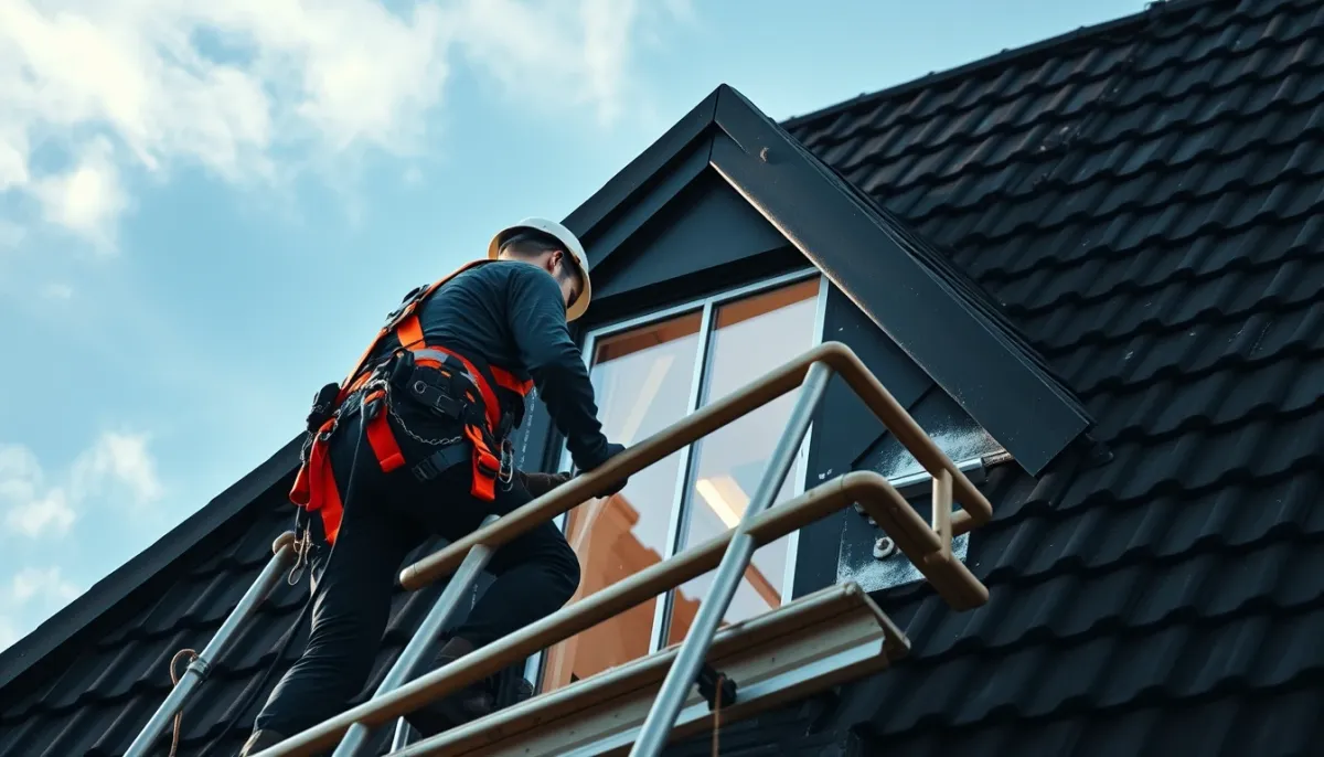 Couvreur professionnel sur un toit avec échafaudage, travaillant sur une fenêtre de toit