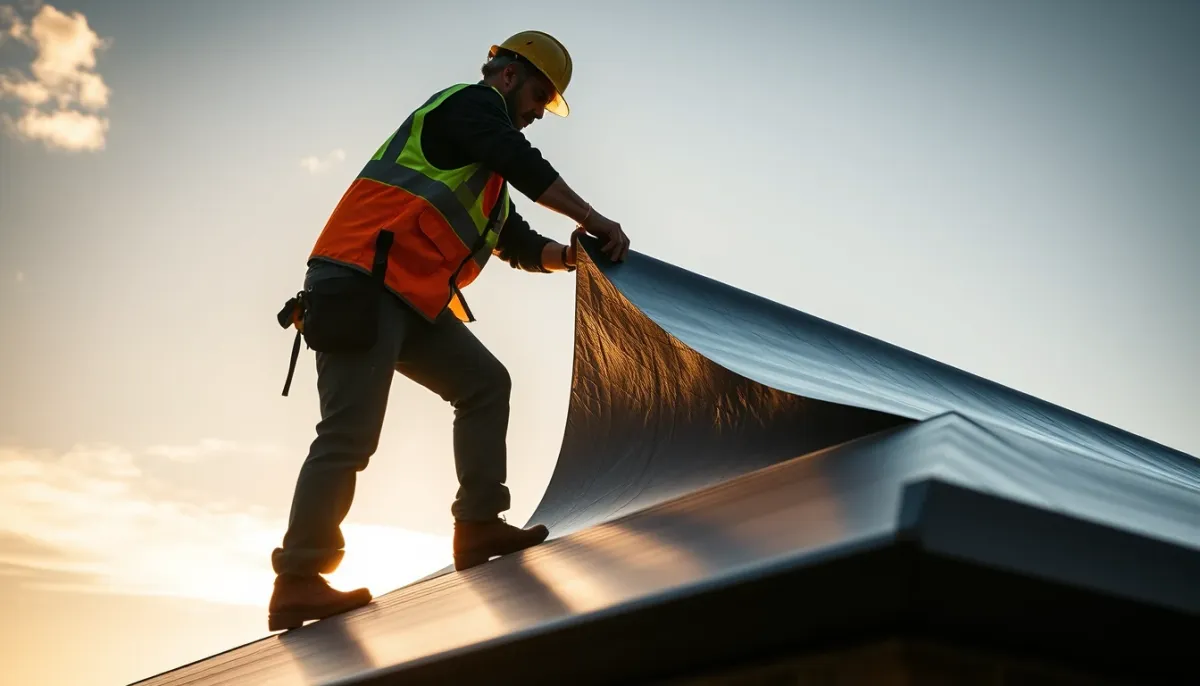 Pose d'une membrane EPDM sur le toit plat d'une annexe par un professionnel