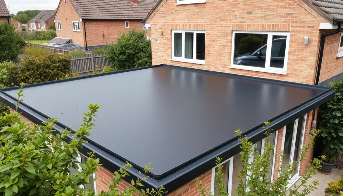 Annexe avec toit plat en EPDM terminée, vue depuis le jardin