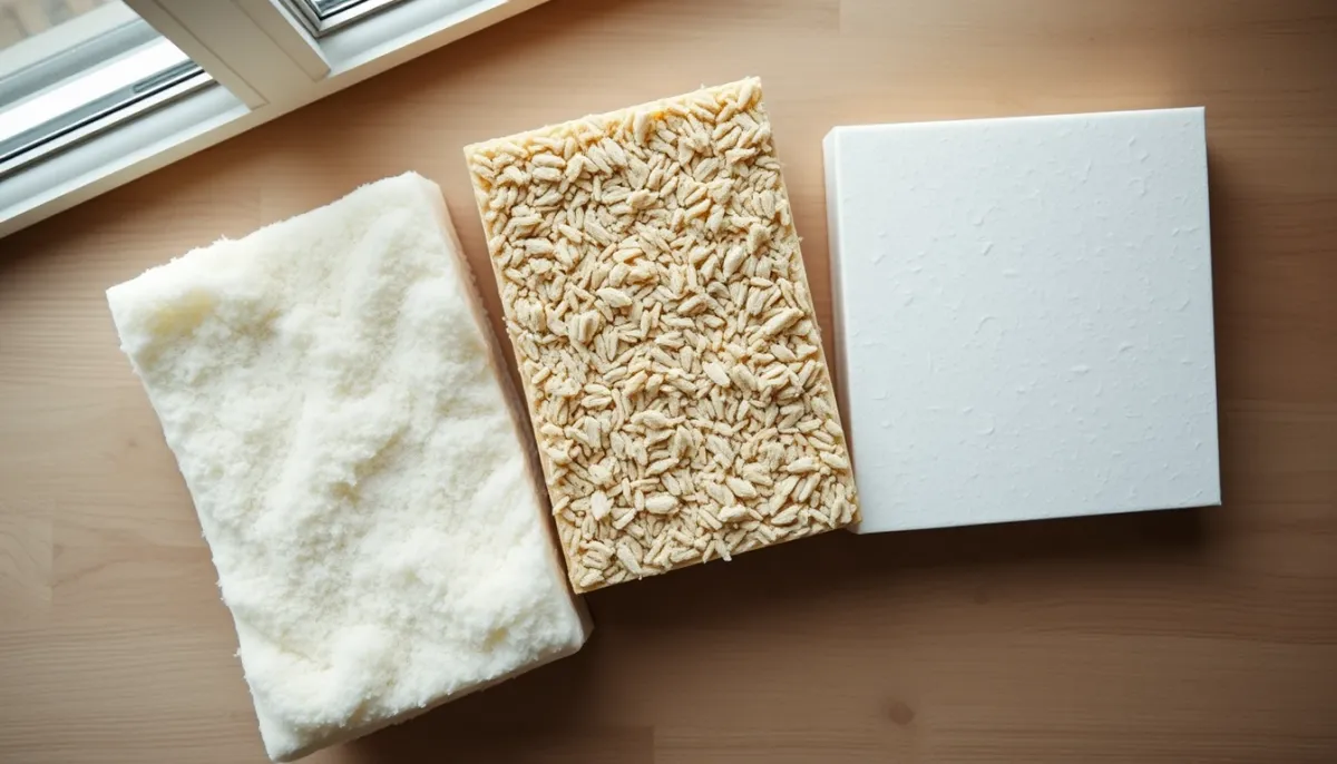 Comparaison de trois isolants : laine minérale, fibre de bois et panneau PIR posés côte à côte