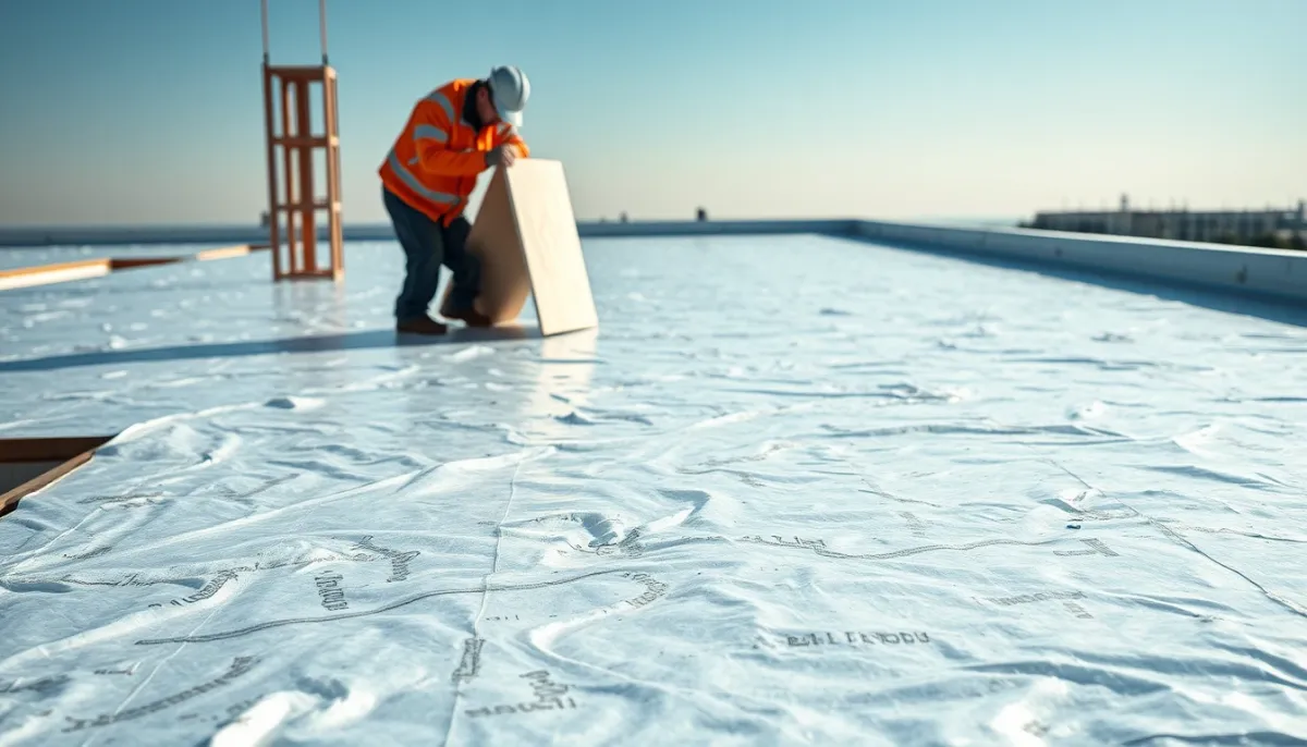 Pose de panneaux isolants PIR sur une toiture plate, avec un professionnel ajustant les plaques