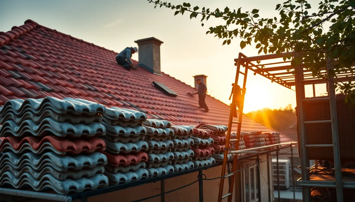 Toiture en rénovation avec des piles de tuiles neuves sur échafaudage